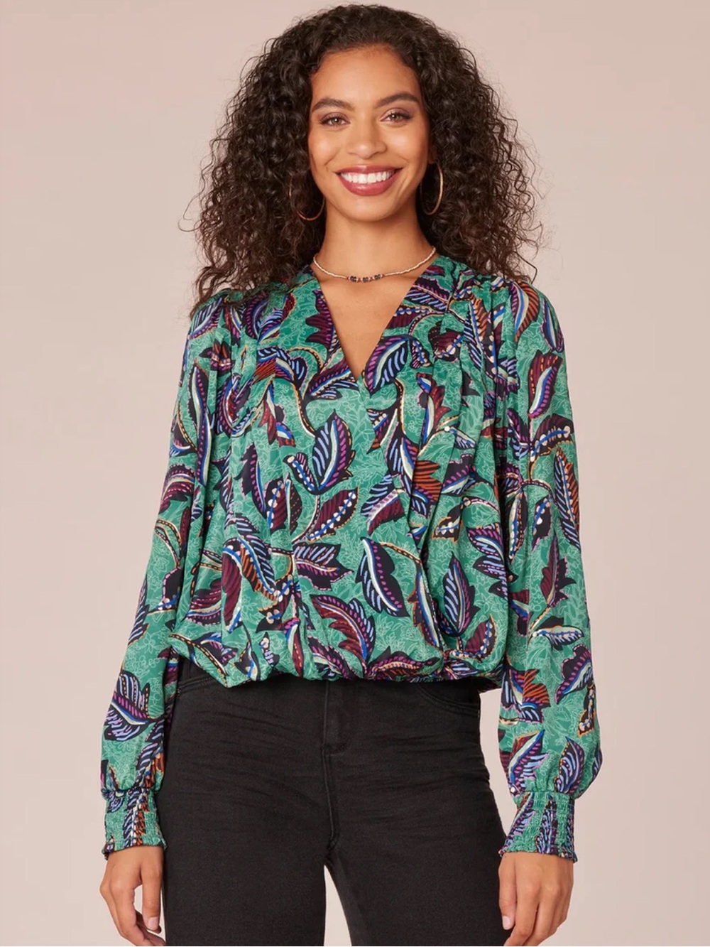 Democracy Feather Print V Neck Satin Blouse Green Multi Size M